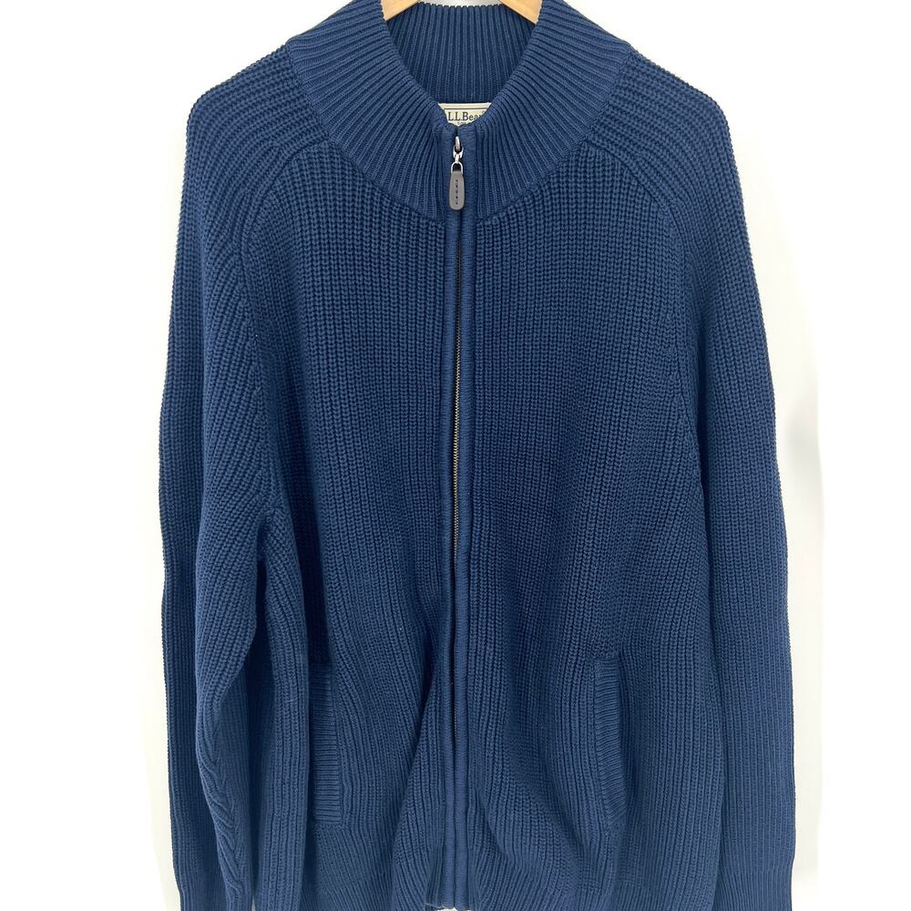 L.L. Bean Mens 100% Cotton Navy Cardigan Full Zip Sweater Pockets Size XL